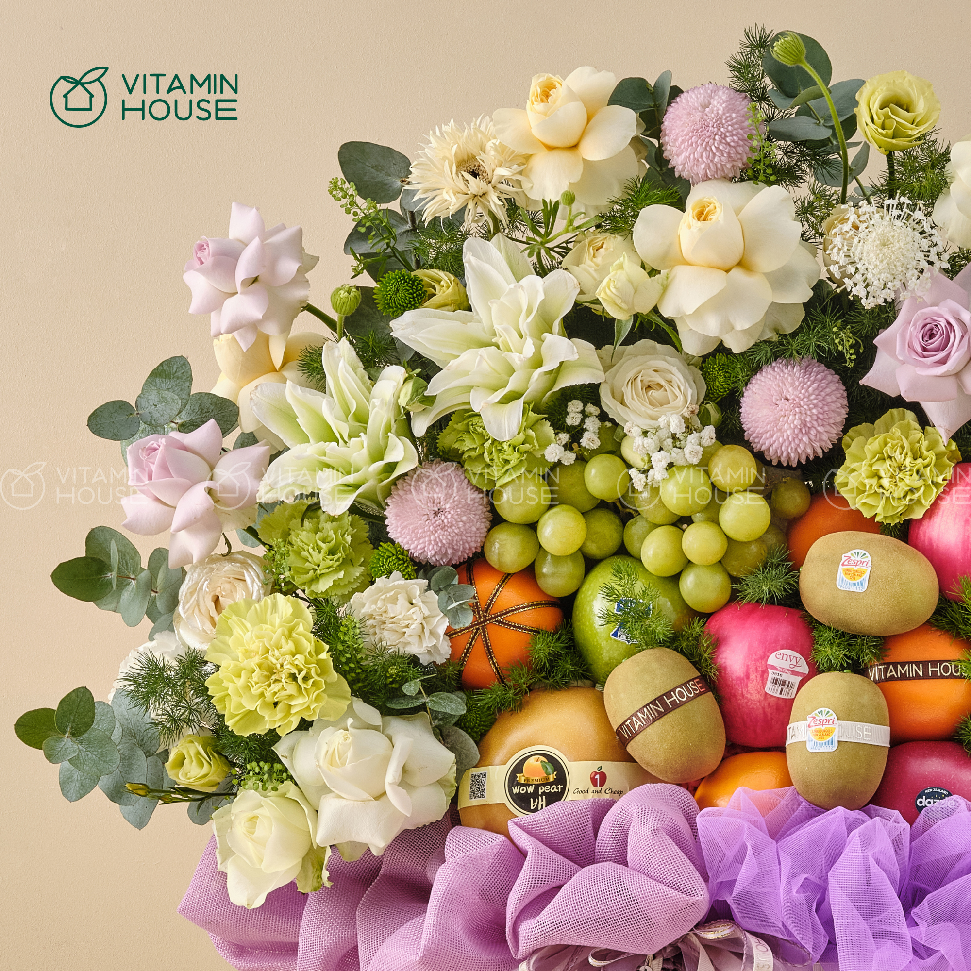 Giỏ Trái Cây Kiwi, Táo, Lê Tone Tím Phù Hợp Cho Các Dịp Đặc Biệt