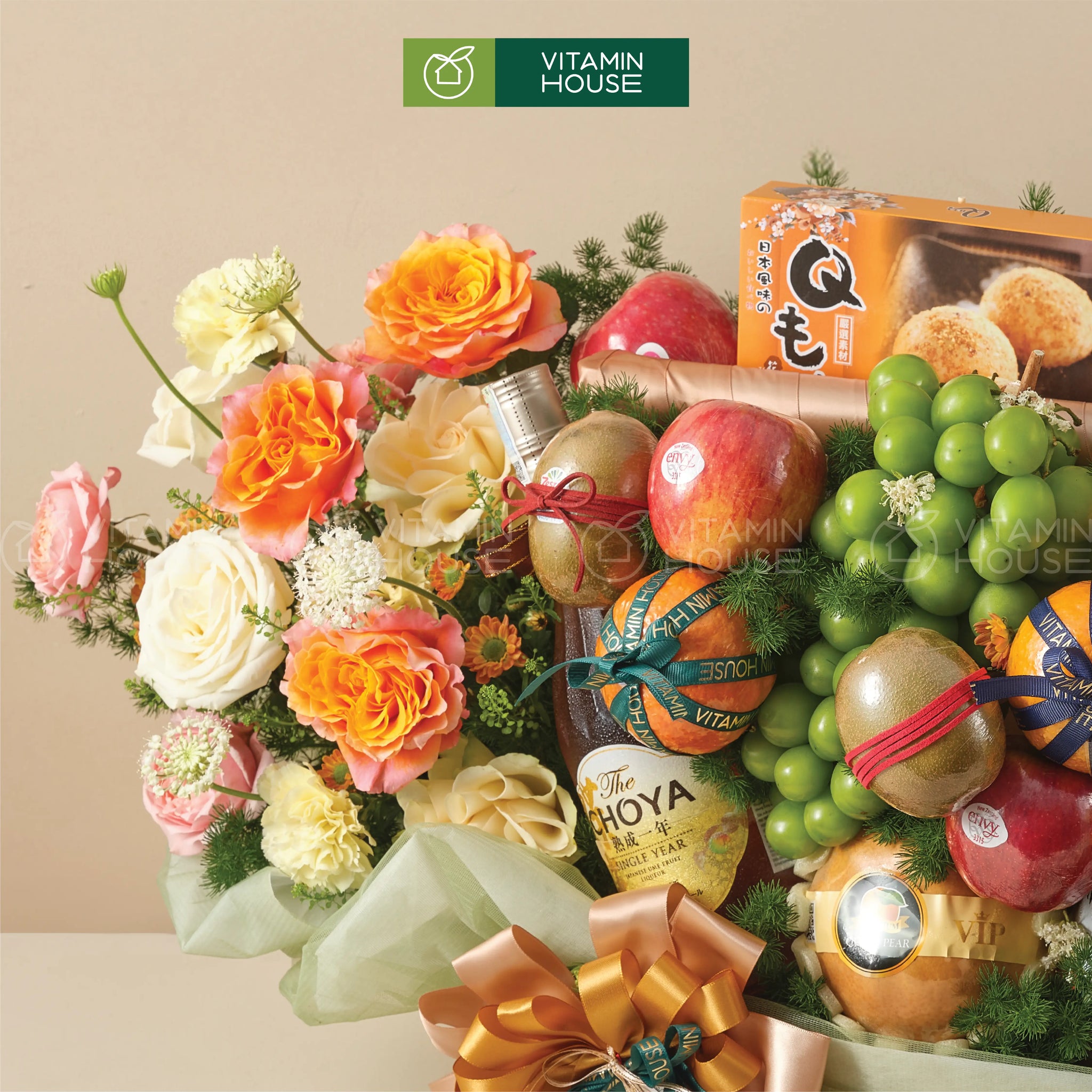 Giỏ trái cây nhập khẩu cao cấp, nước ép  và hoa tươi trang trí tặng chúc mừng khai trương, sự kiện