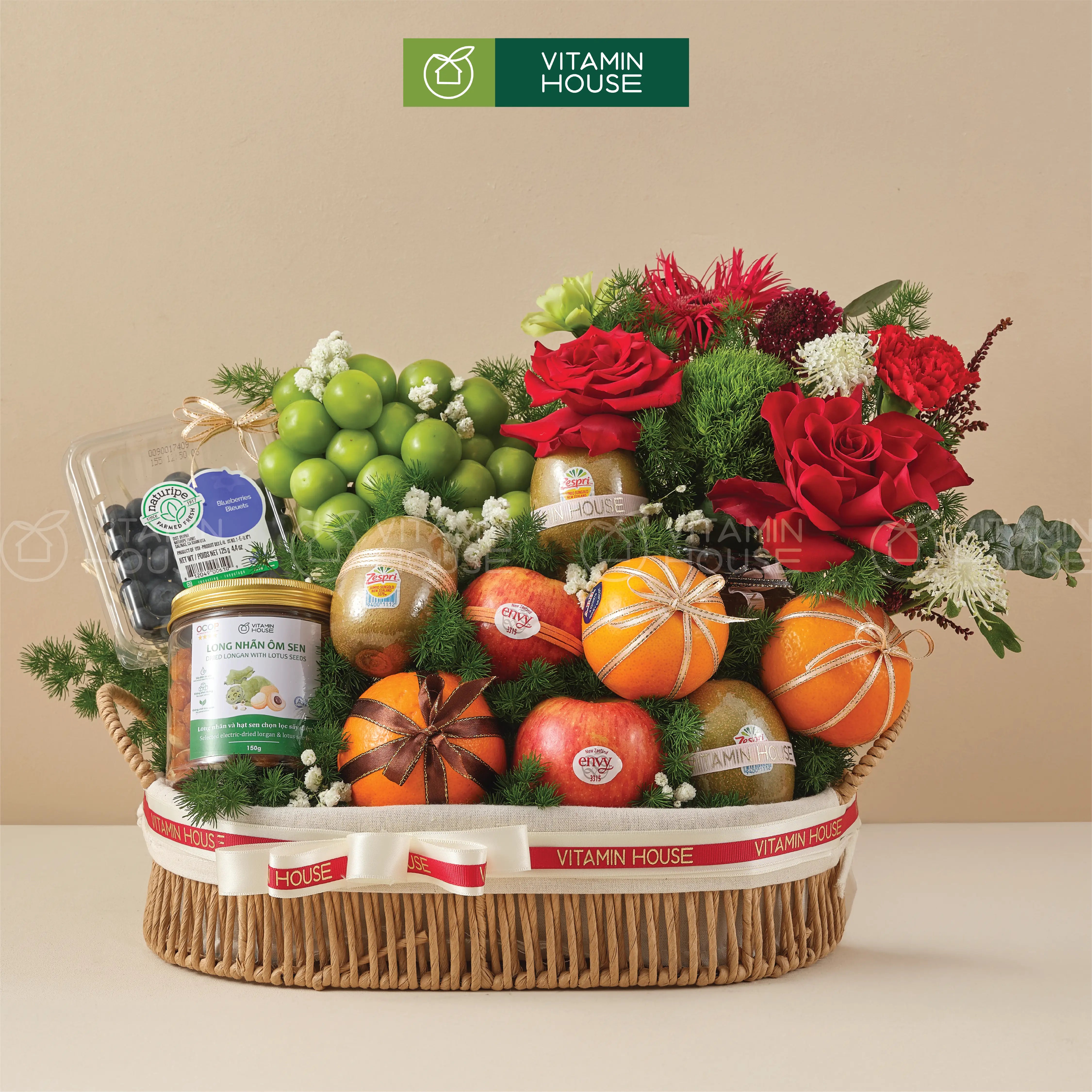 giỏ trái cây nhập khẩu và hoa tươi quýt úc, kiwi vàng, nho xanh, việt quất