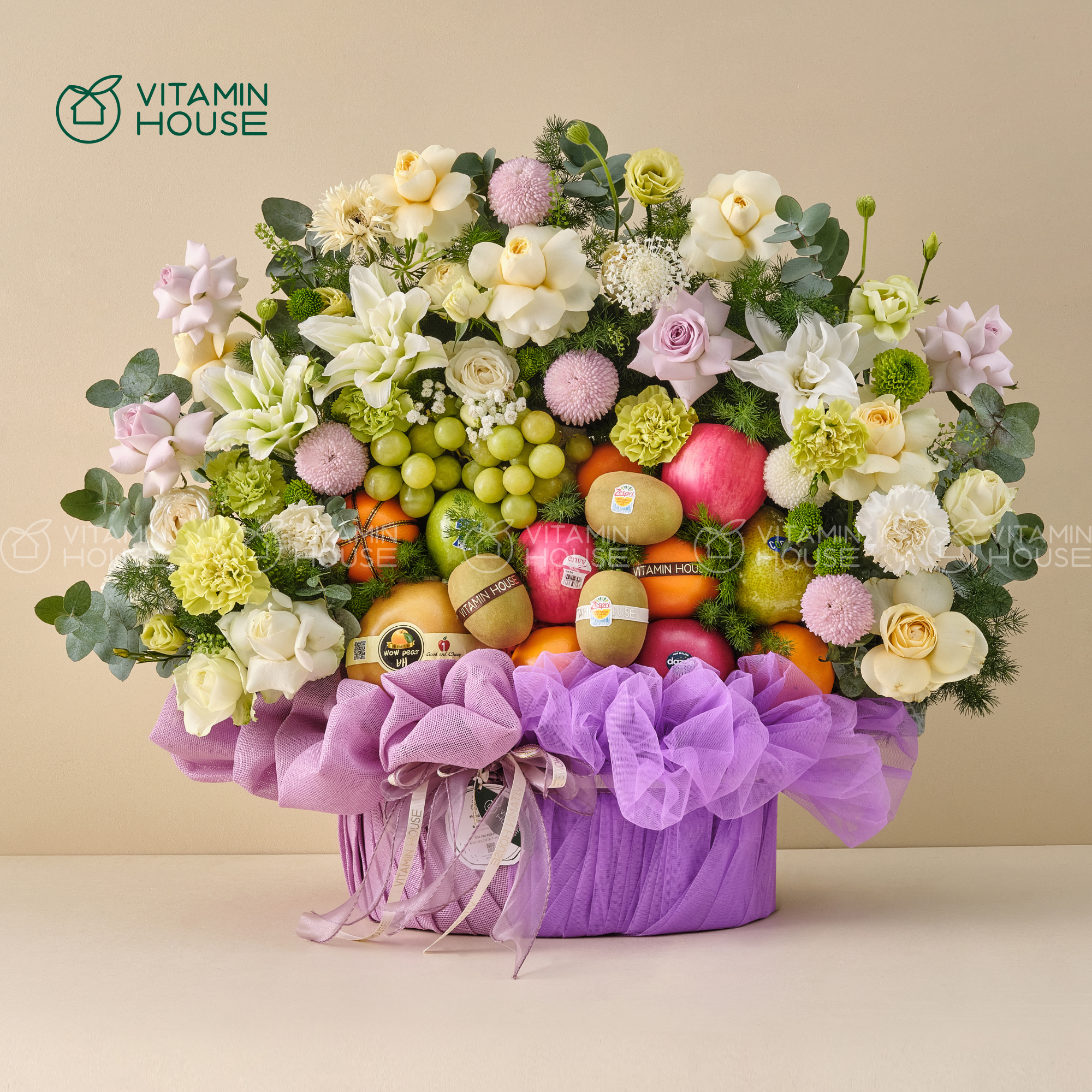 Giỏ Trái Cây Kiwi, Táo, Lê Tone Tím Phù Hợp Cho Các Dịp Đặc Biệt