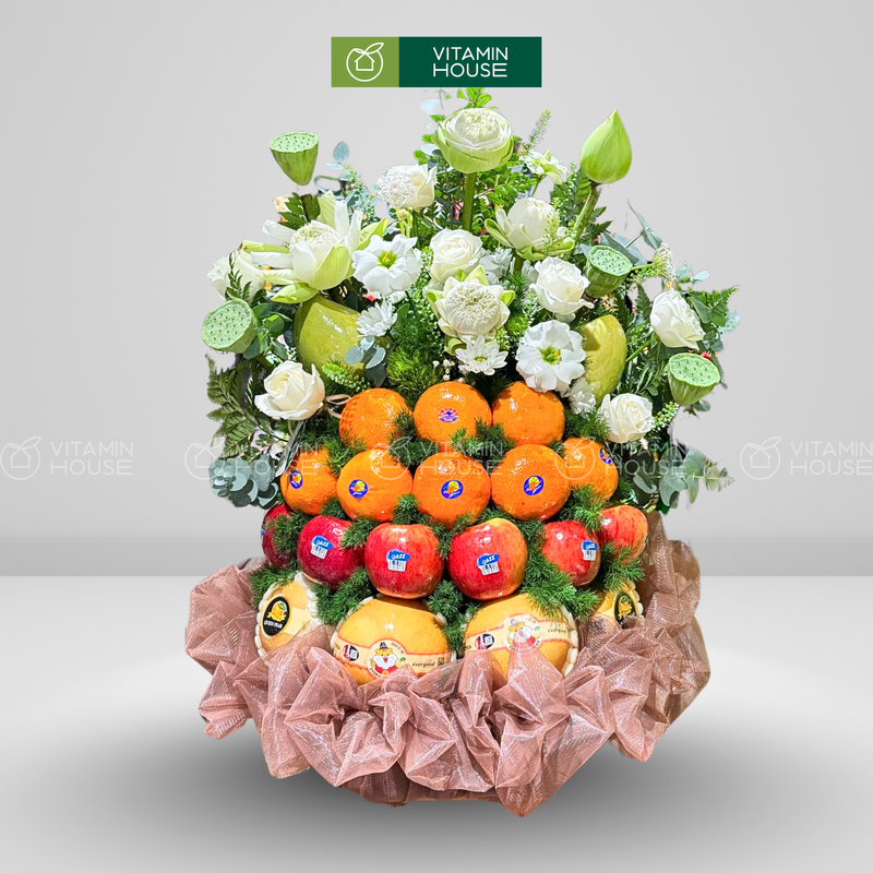 Giỏ Trái Cây Tươi trang trí Hoa Sen phù hợp để Dâng Lễ Chùa bày tỏ tâm tư thành kính