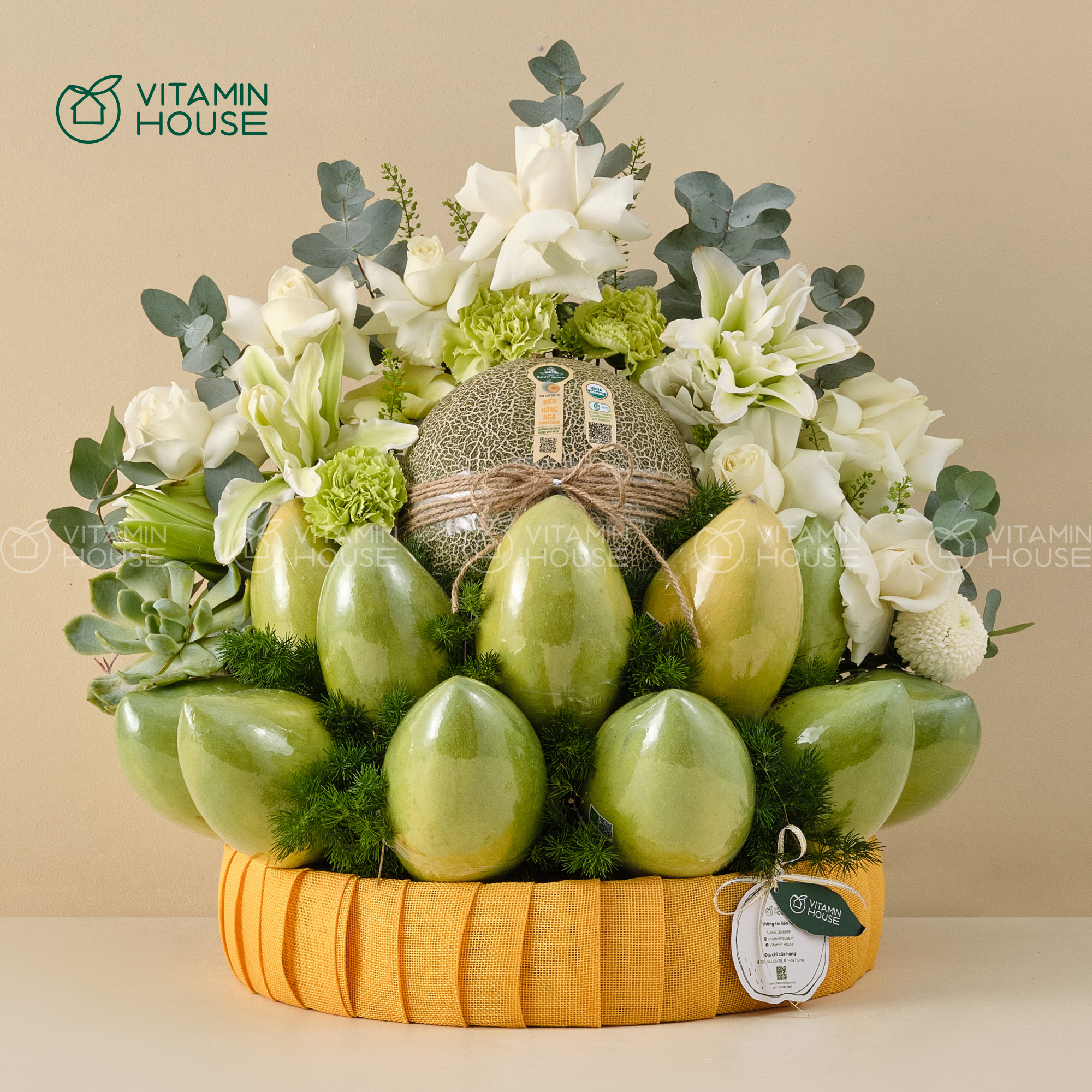 Giỏ Trái Cây Xoài, Dưa Lưới Kết Hợp Sen Đá Kính Lễ