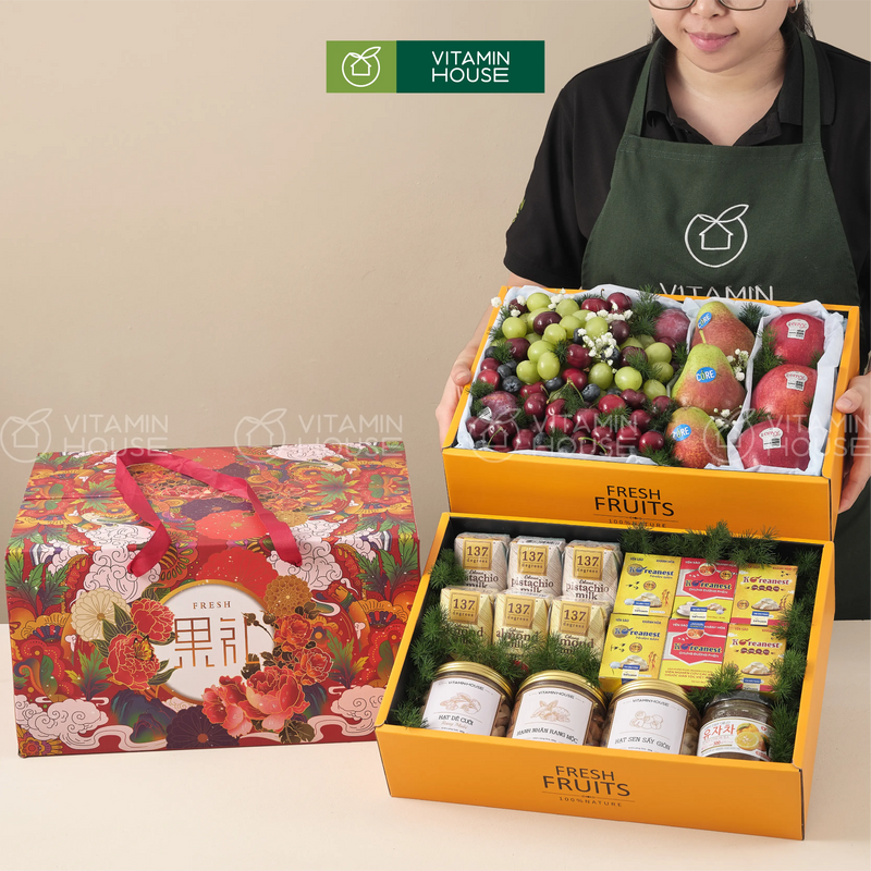 hộp quà 2 tầng trái cây tươi nhập khẩu, nho xanh, cherry, nước yến, sữa hạt