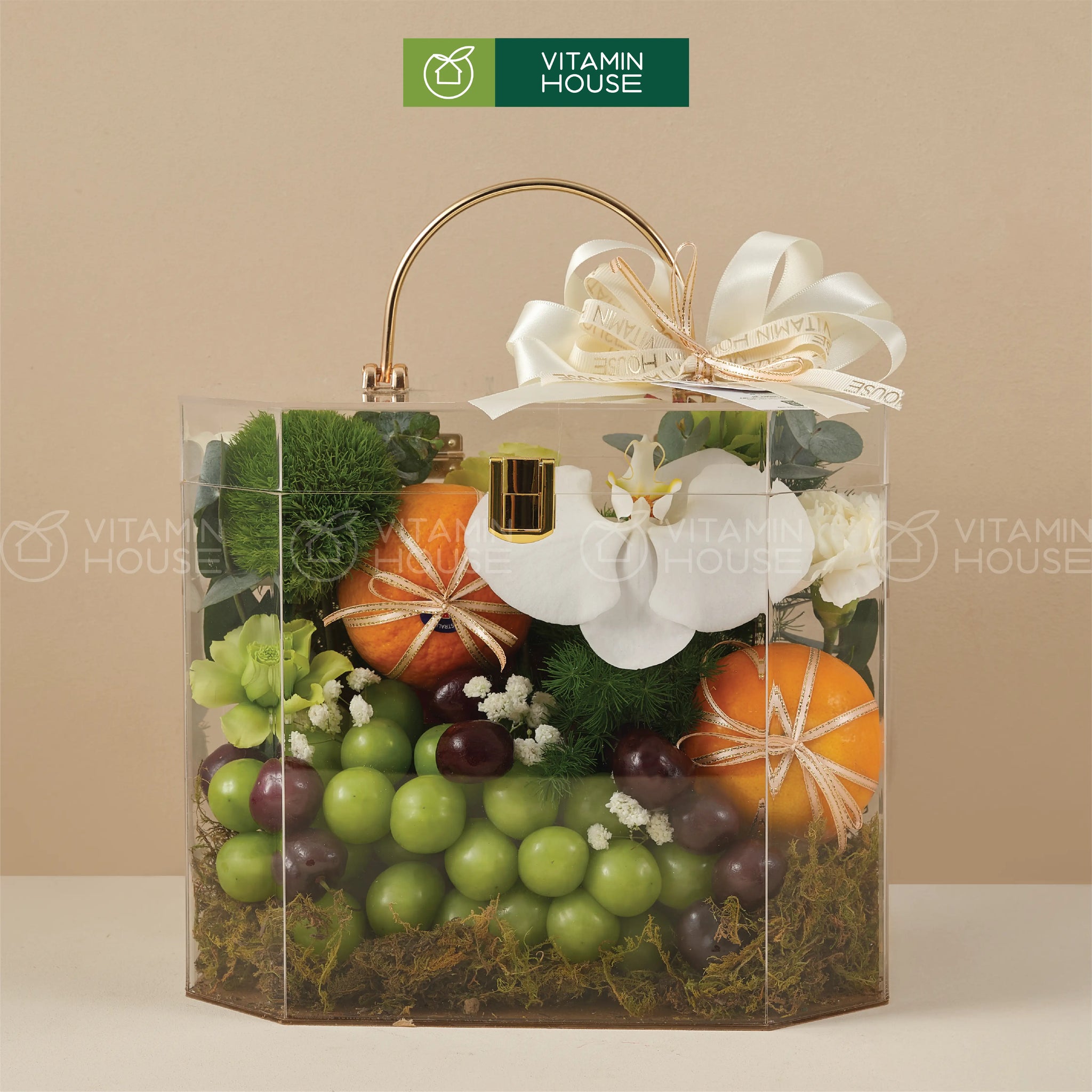 hộp quà trái cây nhập khẩu cherry nho xanh quýt úc đựng trong hộp vali sang trọng