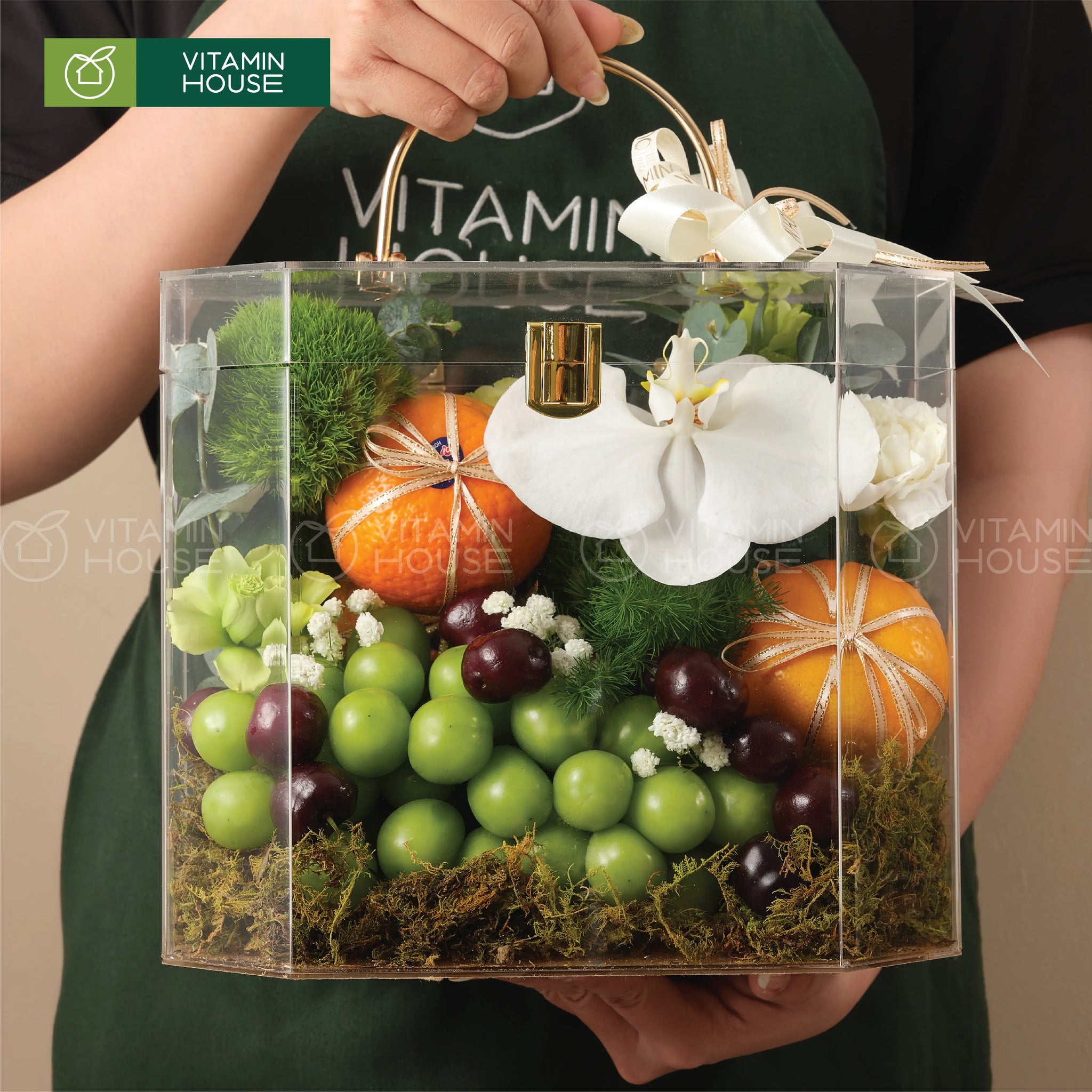 hộp quà trái cây nhập khẩu cherry nho xanh quýt úc đựng trong hộp vali sang trọng