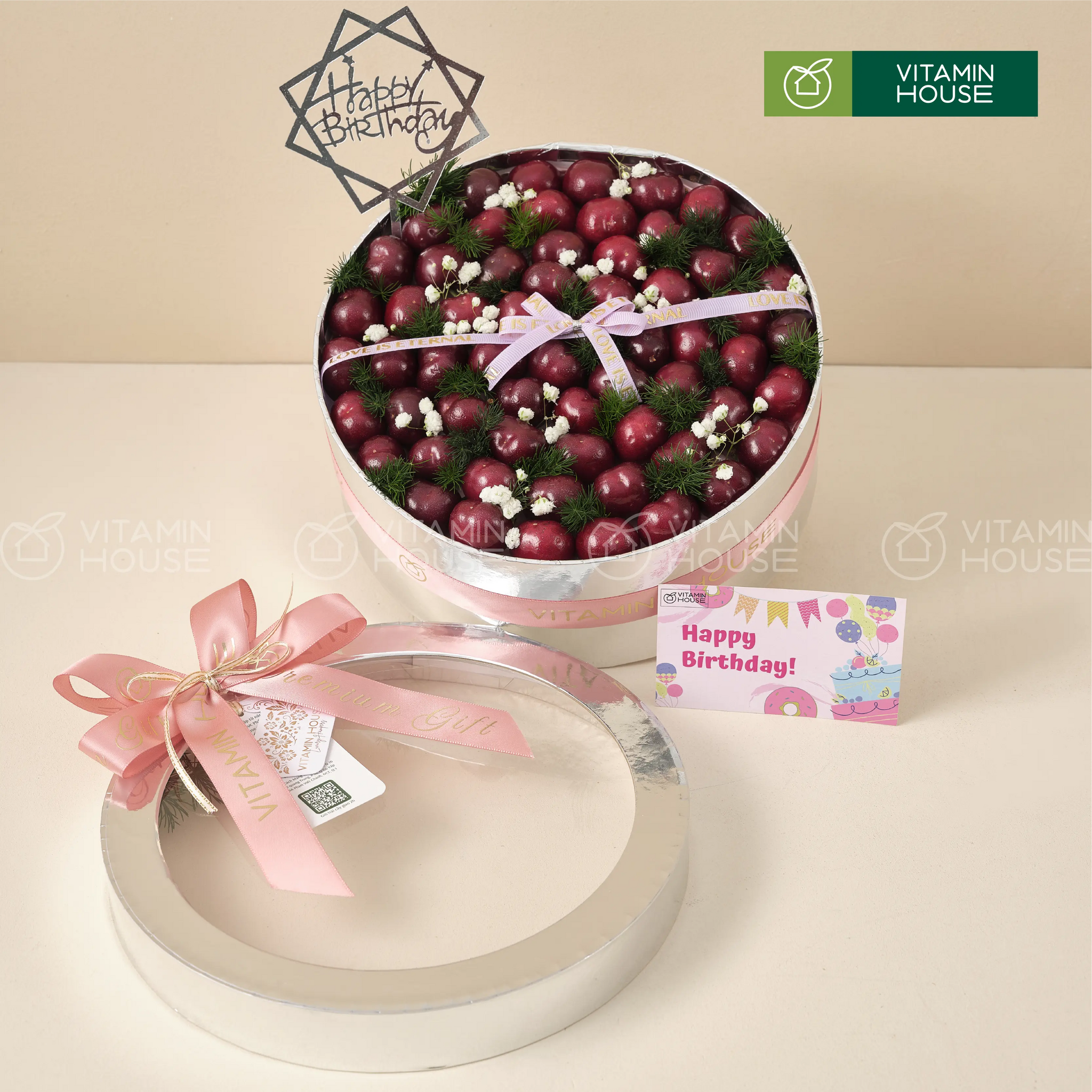 hộp trái cây cherry hình tròn màu bạc sang trọng