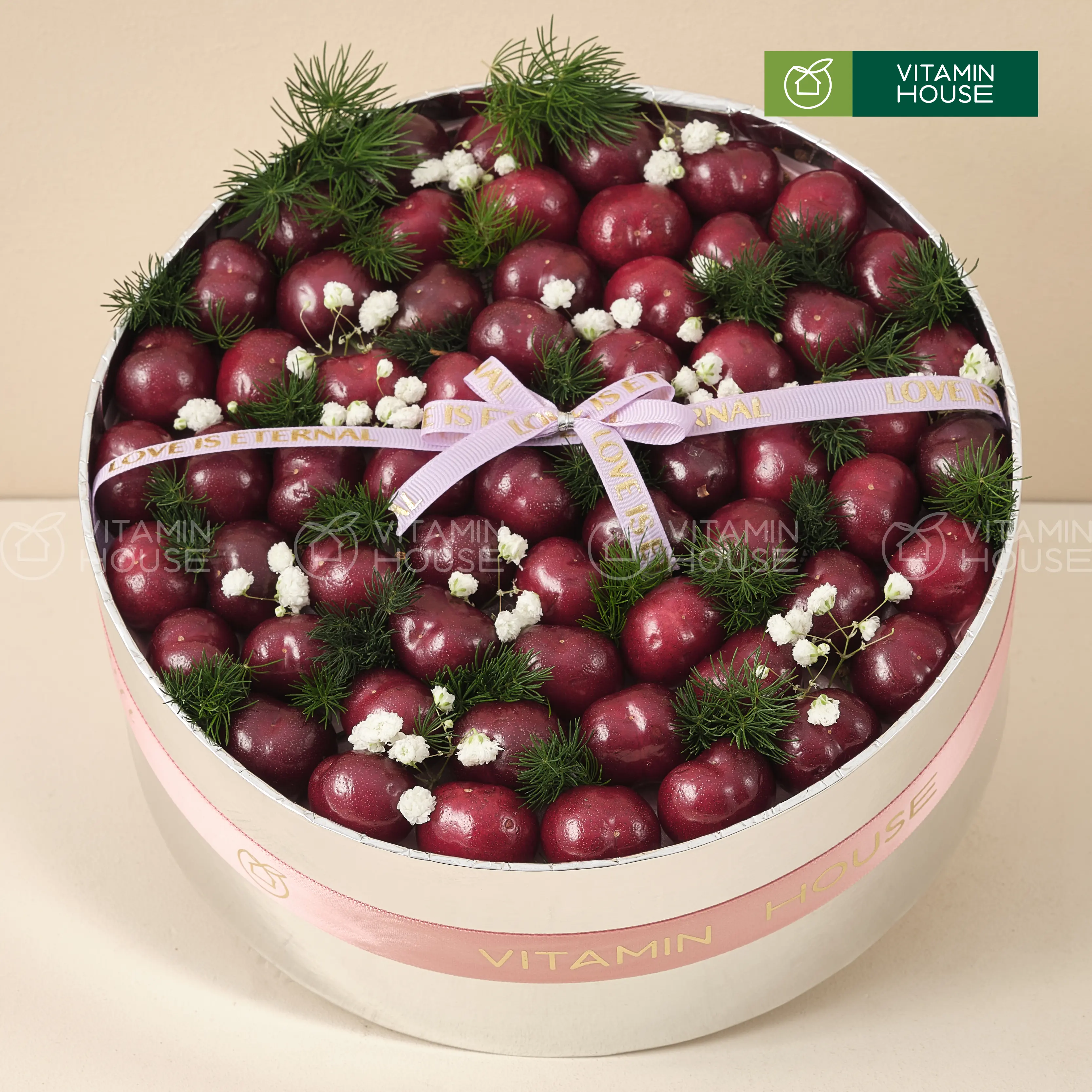 hộp quà trái cây cherry,  hình tròn màu bạc sang trọng