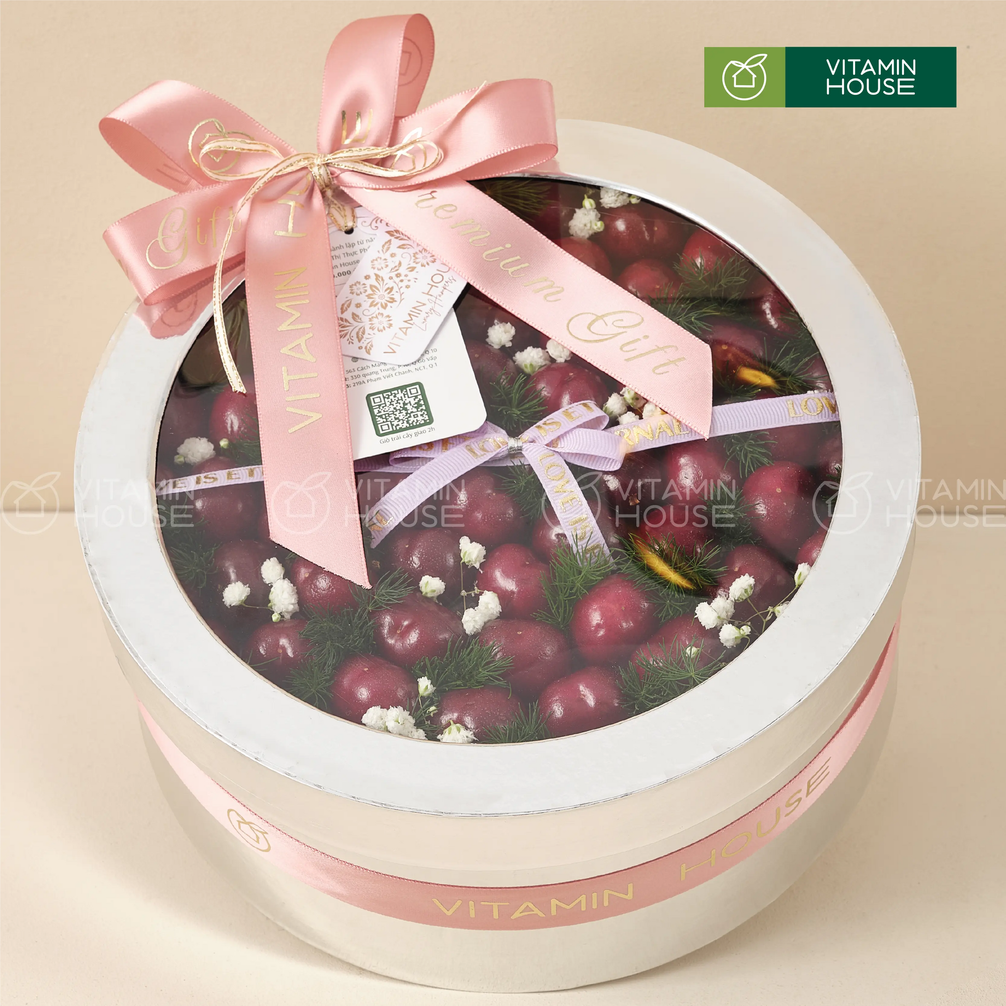 hộp quà trái cây cherry hình tròn màu bạc sang trọng
