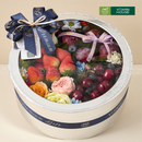 hộp quà trái cây cherry, dâu tây, việt quất và hoa tươi hình tròn màu bạc sang trọng