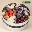 hộp quà trái cây cherry, dâu tây, việt quất và hoa tươi hình tròn màu bạc sang trọng