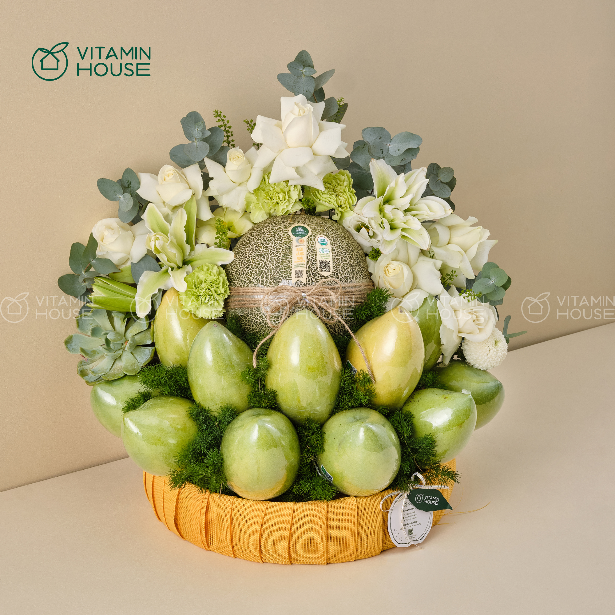 Giỏ Trái Cây Xoài, Dưa Lưới Kết Hợp Sen Đá Kính Lễ