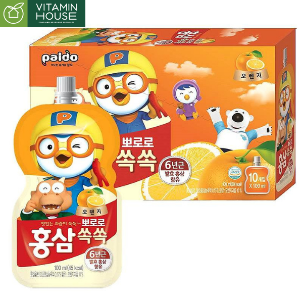 Thùng 10 Túi Nước Hồng Sâm Pororo Vị Cam 100ml