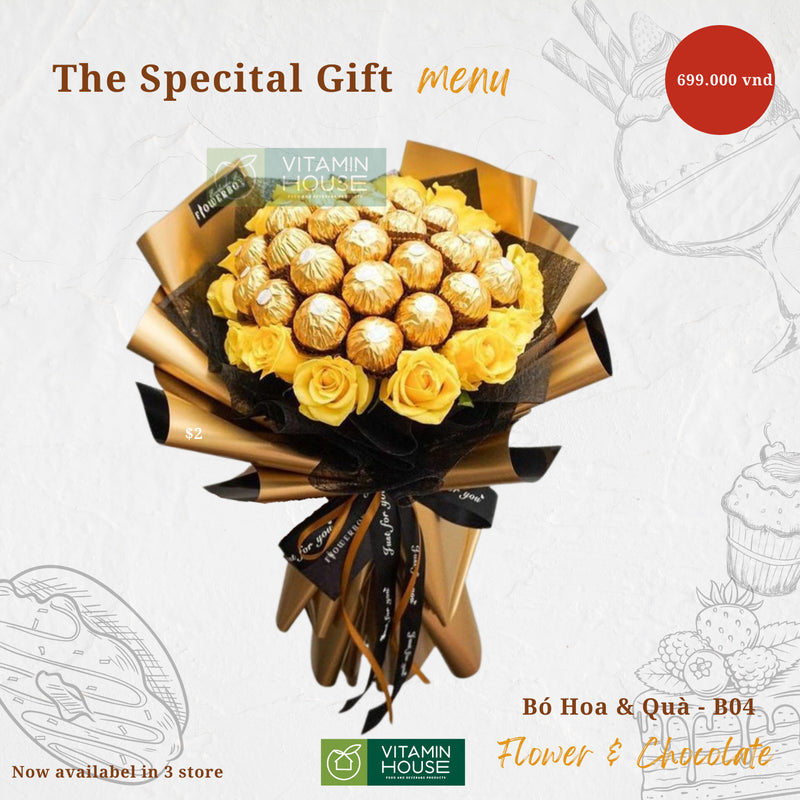 Bó hoa kẹo socola vàng tặng người yêu Socola Ferrero Rocher Hazlenut